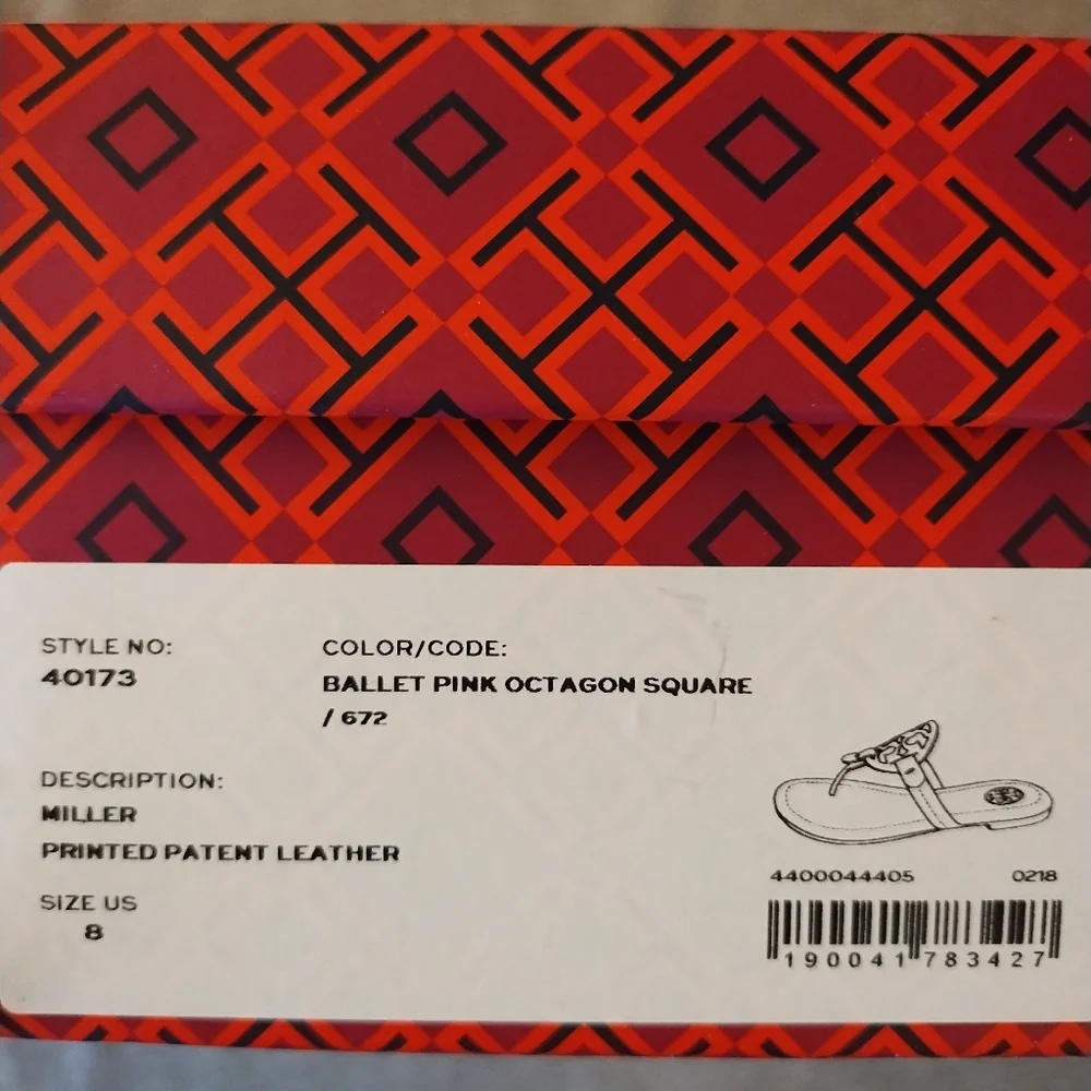 Tory Burch Miller Printed Patent Leather Sandals Ballet Pink Octagon Square Sz 8 - Picture 3 of 16